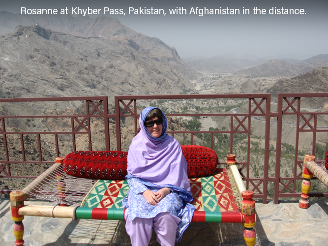 Rosanne at Khyber Pass, Pakistan, with Afghanistan in the Distance